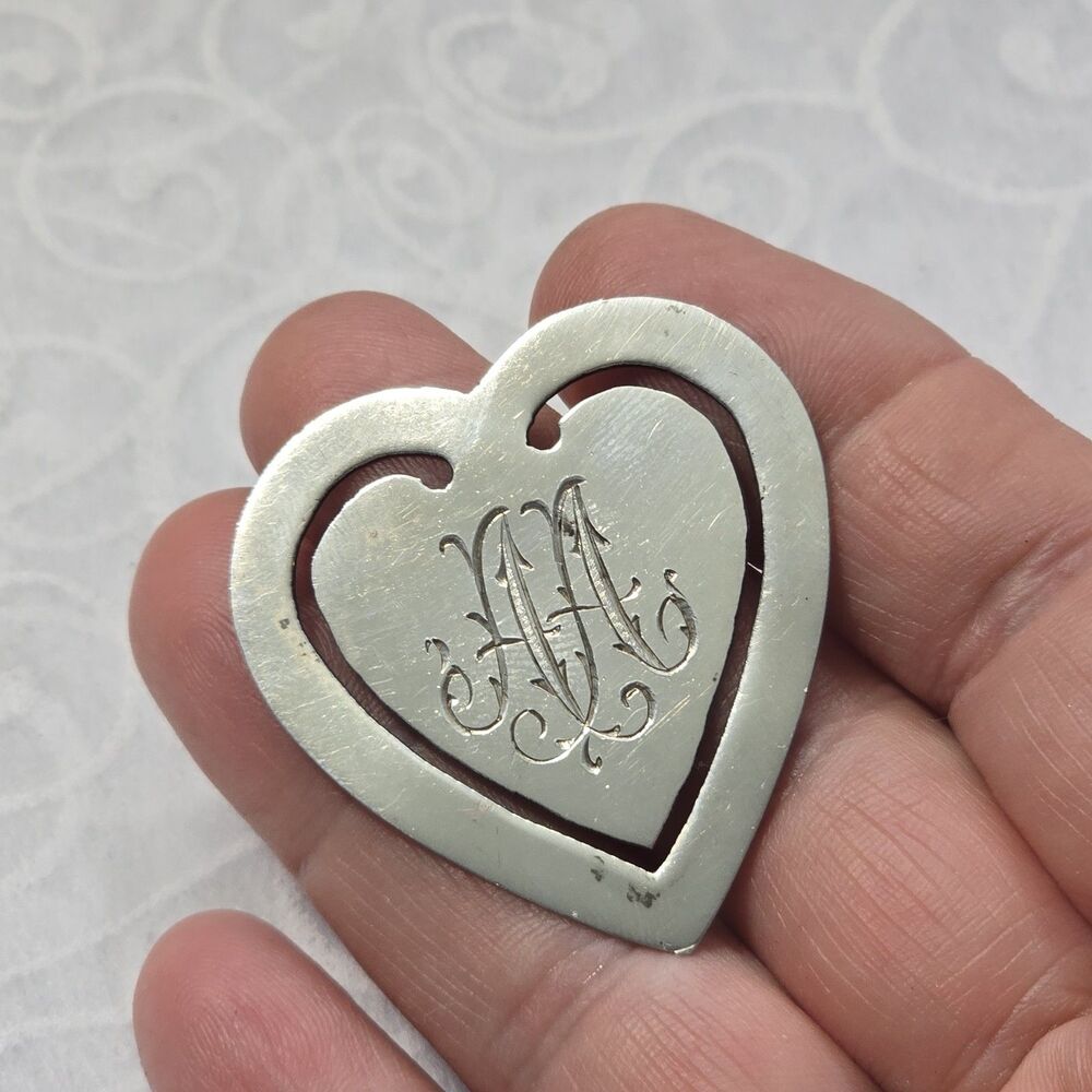 1920s Mexican Silver Heart Shaped Bookmark Monogrammed AA Antique 5.39g